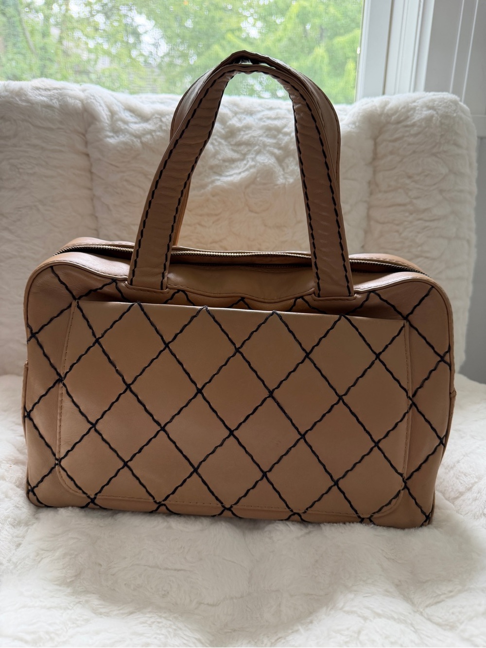 Vintage CHANEL Surpique Tan Wild Stitch Quilted Calfskin Bowler Bag from Paris - Picture 4 of 12